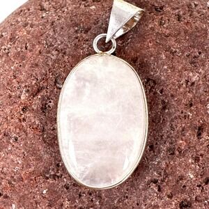 Natural Rose Quartz Oval Pendant Sterling 925 Pale Pink Cabochon 1.125